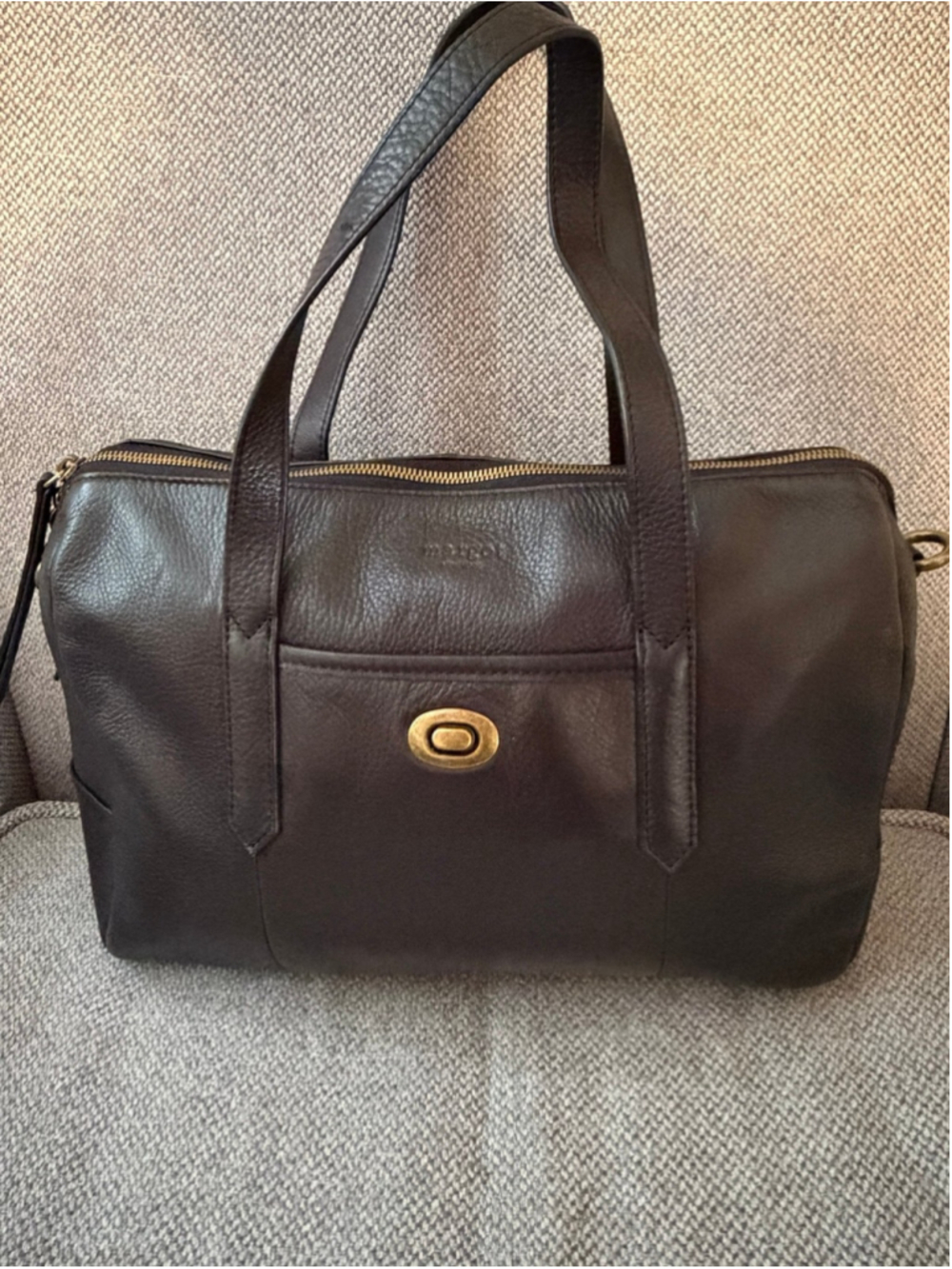 Margot dark brown textured leather satchel with gold turn lock handle